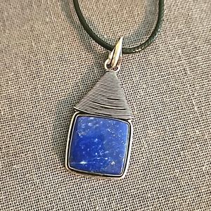 Beautiful Blue Lapis Lazuli gemstone necklace silver wrap on cord New